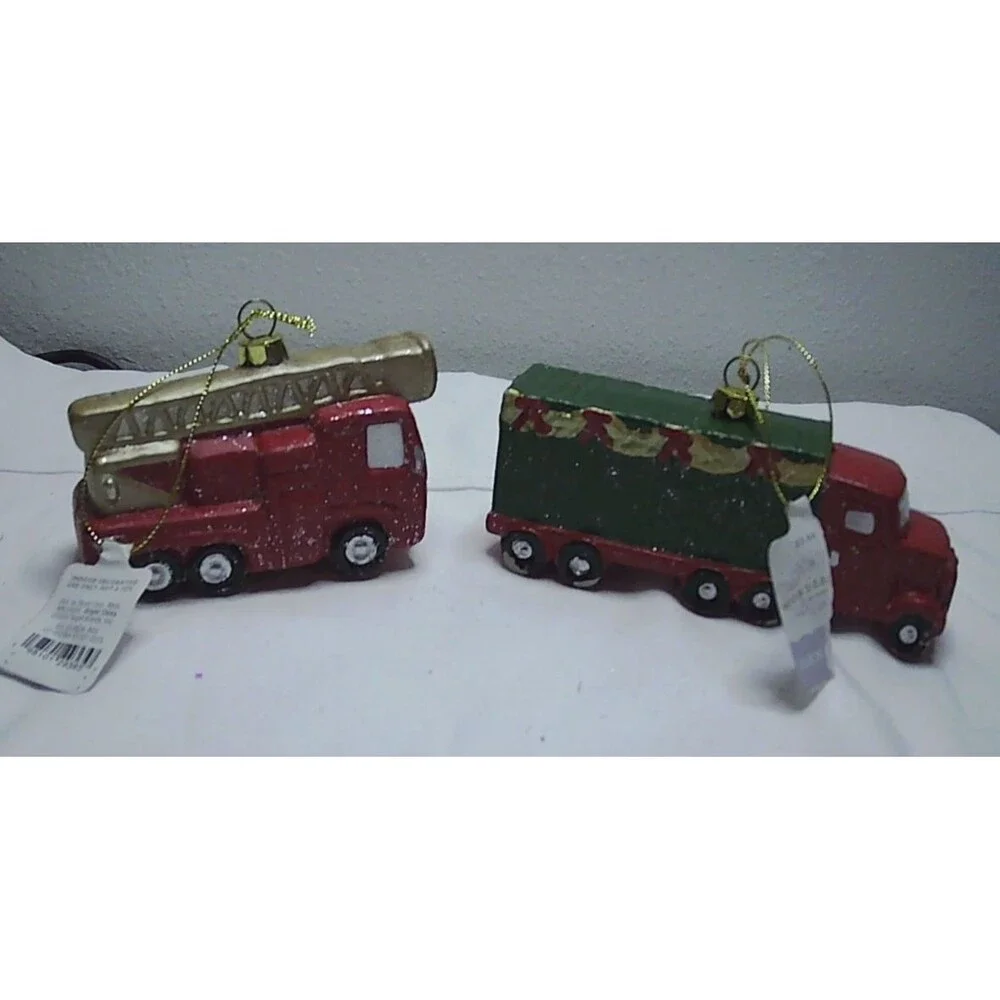 2 Target Wondershop Ornaments Plastic Christmas Fire Truck and Semi Truck NWT